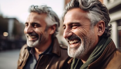 Fototapeta premium Middle-aged men friends laugh. Generative AI