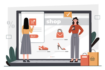 Electronic commerce concept. Women buy goods online. Online shopping and home delivery. Women choose clothes and shoes. Marketing and advertising on Internet. Cartoon flat vector illustration