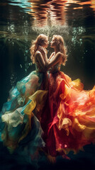 Fototapeta na wymiar Gentle touches of two young women underwater in bright transparent dresses. Generative AI