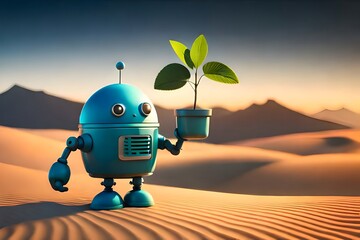 a robot holding a potted plant in the desert , Generative AI