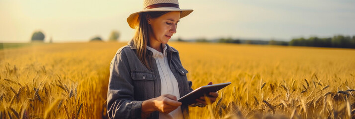 A woman farmer examines the field of cereals and sends data to the cloud from the tablet. Smart farming and digital agriculture.Generative AI