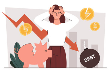 Business crisis concept. Woman holds her hand near broken piggy bank against background of falling arrow. Recession and inflation. Bankruptcy and loses money. Cartoon flat vector illustration