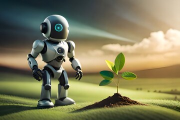a robot standing next to a small green plant, Generative AI