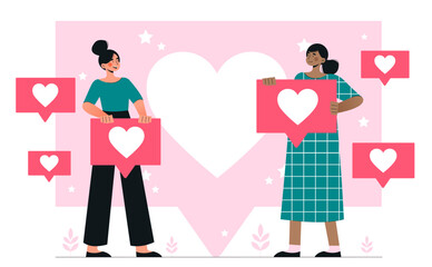 Women with like notifications. Marketing and promotion in social networks and instant messengers, SMM. Love with reactions, emotions and feelings. Cartoon flat vector illustration