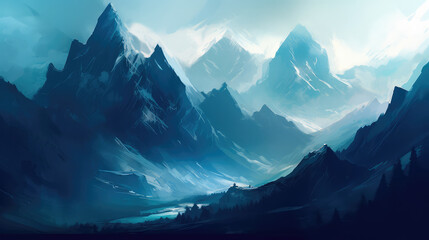 Abstract mountain Background Art Paintings Blue Fantasy. Generative AI