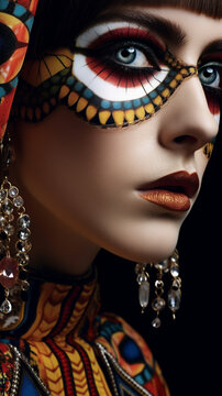 Primer plano extremo, estilo editorial de moda, estampados audaces y coloridos, caracter&iacute;sticas llamativas del modelo, maquillaje de ojos espectacular, piezas de joyer&iacute;a elaboradas
