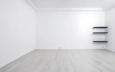 Empty white room with black shelves. Generative AI technology.