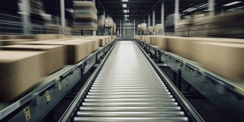 A conveyor belt transporting packages at high speed, contrasted against a bustling, automated warehouse backdrop, concept of Logistics automation, created with Generative AI technology