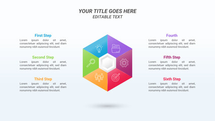 Hexagon Infographics with Editable Text, Five Steps, and Business Icons on a 16:9 Ratio Layout for Business Advantages and Disadvantages, Business Goals, Business Reports, and Website Design.
