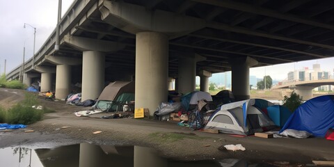 A homeless encampment under a bridge, reflecting the harsh reality of insufficient affordable housing, concept of Urban decay, created with Generative AI technology