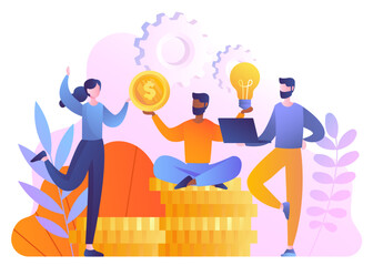 Teamwork yoga concept. Woman and men in lotus position sit near light bulb and gold coins. Financial literacy and efficient workflow. Colleagues and partners. Cartoon flat vector illustration