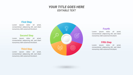 Circle Infographics with Editable Text, Five Steps, and Business Icons on a 16:9 Ratio Layout for Business Advantages and Disadvantages, Business Goals, Business Reports, and Website Design.