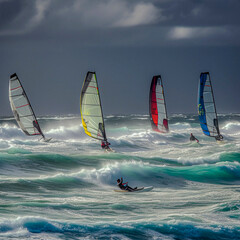 windsurfer in stormy sea and wind, ai generated