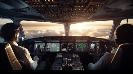 Cockpit of airplane inside view, pilots in flight deck of modern aircraft, generative AI.