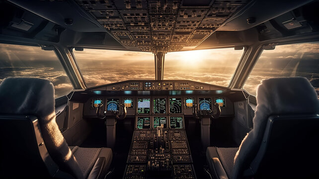 Cockpit of airplane inside view, flight deck of modern aircraft, autopilot, generative AI