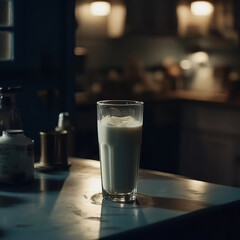 A tall glass of cold, refreshing milk, captured in a stunningly cinematic shot that highlights the crispness and clarity of its flavor, perfectly illuminated by accent lighting.