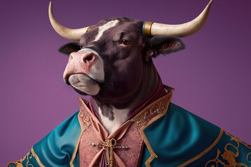 sad bull wearing matador clothes created with Generative AI technology - obrazy, fototapety, plakaty