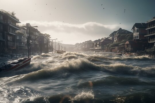A city submerged in tsunami wave after an earthquake. Apocalyptic scene with massive destruction. Generative AI
