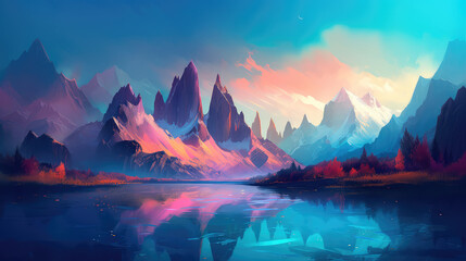 Fototapeta na wymiar Abstract mountain Background Art Paintings Blue Fantasy. Generative AI