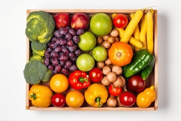 colorful variety of fruits and vegetables overflowing from a box. Generative AI