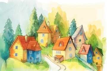 Obraz na płótnie Canvas quaint village painted in watercolor. Generative AI