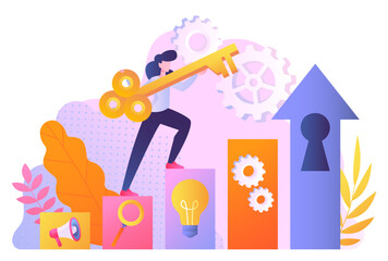 Key to success. Woman climbs on ascending charts. Metaphor of entrepreneur with idea, start up. Leadership and motivation. Character climbs to keyhole. Cartoon flat vector illustration