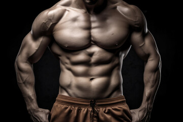 Fototapeta na wymiar Male abdominal muscles, Bodybuilder shows abs, Dark background, High quality Generative AI