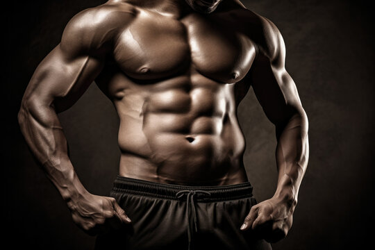 Male abdominal muscles, Bodybuilder shows abs, Dark background, High quality Generative AI