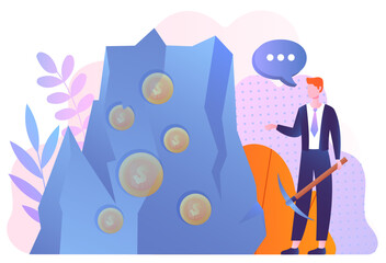 Gold underground stone. Man with pick standing near large piece of land with golden coins inside. Metaphor of crypto farm, mining bitcoin and cryptocurrency. Cartoon flat vector illustration