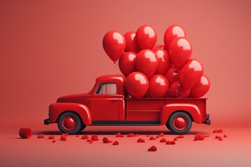 Flat design red truck with balloon for Valentine's Day. Love wedding car graphic on Loads of Love postcard. Generative AI