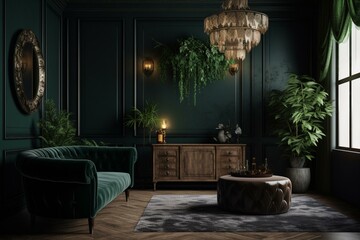 Dark green wall backdrop sets off living room decor featuring a commode; digital model produces 3D render. Generative AI