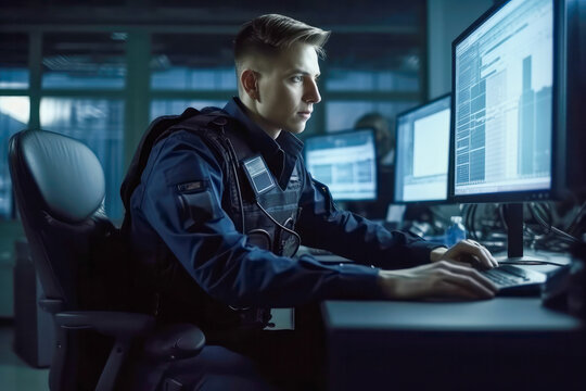 Young policeman entering personal data of suspect into computer database while sitting in front of monitors in office, high quality generative ai