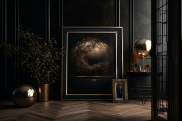 A designer gold frame showcased in a modern dark interior setting. Generative AI