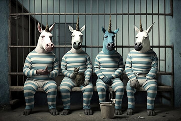 Sad unicorns dressed as prisoners sit in prison, created with Generative AI technology - obrazy, fototapety, plakaty
