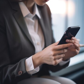 businesswoman holds her phone. Typing and reading online news on top search apps and executive company experts. Female professional checking email or using digital mobile smartphone. generative ai