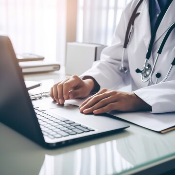 In hospital medical and healthcare of consultant from telemedicine in new treatment of patients, a doctor works on a laptop with a stethoscope and prescription clipboard on a desk. generative ai