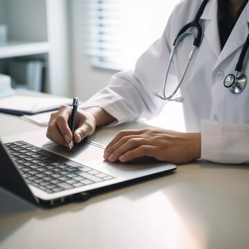 doctor is writing on his laptop.In the hospital, place the stethoscope on the foreground table.A stethoscope is an acoustic medical device used for auscultation. generative ai