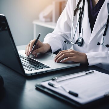 healthcare of consultant from telemedicine in new treatment of patients, a doctor works on a laptop with a stethoscope and prescription clipboard on a desk. generative ai