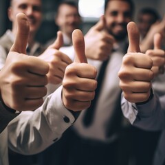 Hands showing thumbs up with business men endorsing, giving approval or saying thank you as a team in the office. generative ai