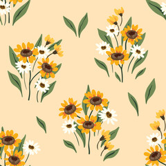 Seamless pattern, cute ditsy print with rustic motif. Pretty botanical design for fabric, paper of hand drawn flora: sunflowers, small field flowers, leaves on a light background. Vector illustration.