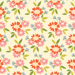 Seamless floral pattern, pretty ditsy print with retro motif. Liberty botanical design for fabric, paper: cute hand drawn flowers, leaves, small bouquets on a white background. Vector illustration.