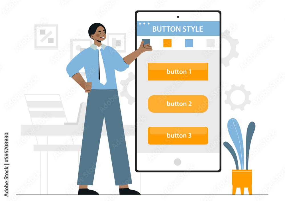 Poster man with button style. designer develops interface for mobile version of website, programs and appli