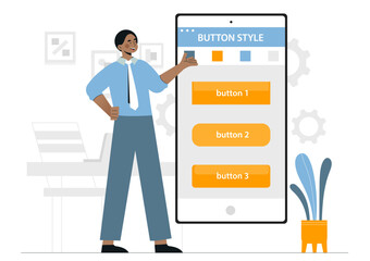 Man with button style. Designer develops interface for mobile version of website, programs and applications. UI and UX design. Graphic designer and freelancer. Cartoon flat vector illustration