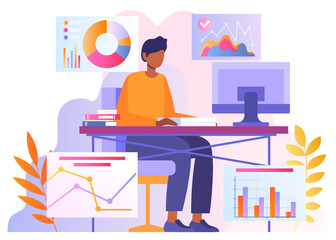 Businessman in office. Man sits in front of computer next to graphs and diagrams. Organization of effective workflow and marketing research. Hardworking analyst. Cartoon flat vector illustration