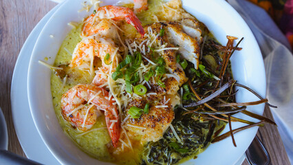 Seafood bowl of shrimp, fish and vegetables