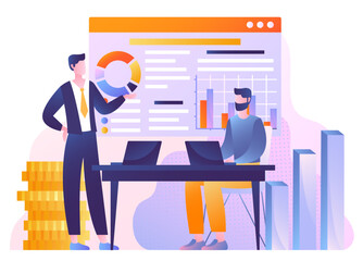 Business analysis concept. Men on background of tables, graphs and diagrams. Analytics and information comparison, infographic. Brainstorming and market research. Cartoon flat vector illustration