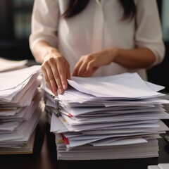 Paper stack, unfinished document, Close up hands of asian bookkeeper female working with stack of papers and balance sheet with bureaucracy hardworking in office desk. generative ai