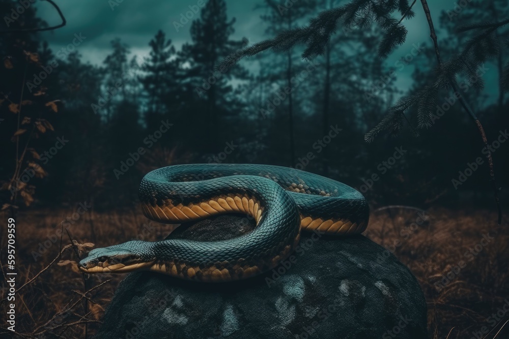 Poster serpent perched on a boulder. Generative AI