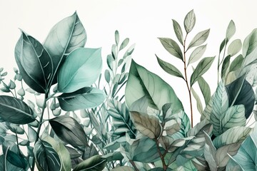 Watercolor-style illustrations of plant patterns on white background. Generative AI