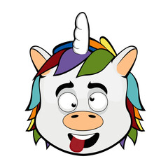 vector illustration of a unicorn cartoon, a crazy expression, with squinty eyes and tongue sticking out